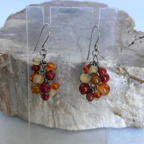 Sterling Silver 925 Beaded Red Jasper Multi-stone Dangle Drop Earrings - Picture 8 of 16